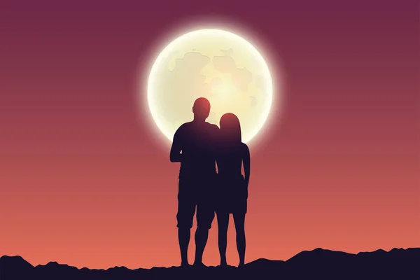 Młoda para wygląda sylwetka pełni księżyca — Wektor stockowy