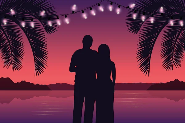 Couple amoureux sur la plage de palmiers paradis pourpre avec des lumières de fées — Image vectorielle