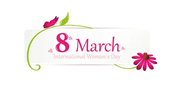 International womans day on 8th march white label with pink butterfly and flower — Stock Vector