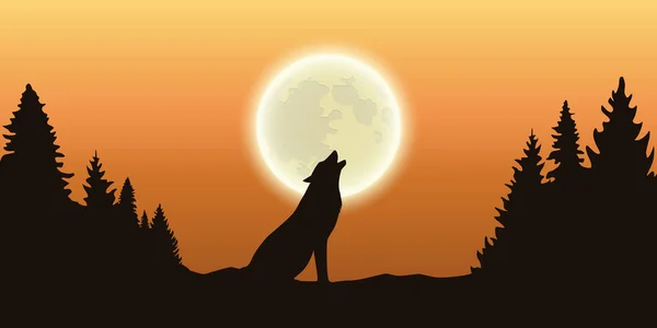Wolf howls bij de volle maan in bos oranje hemel — Stockvector