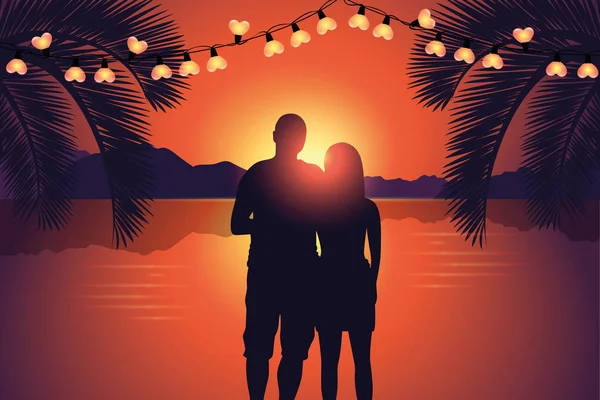 カップルは、パラダイス ビーチでロマンチックな夕日をお楽しみください。 — ストックベクタ