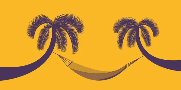 Zwei Palmen mit Hängematte auf orangefarbenem Hintergrund für den Sommerurlaub — Stockvektor