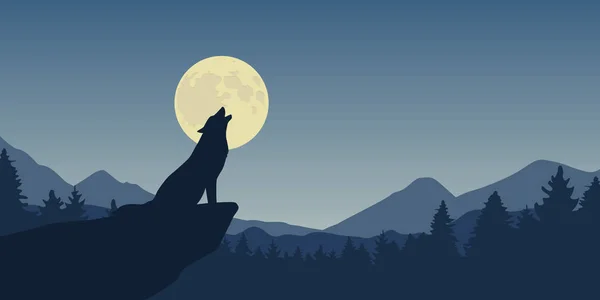 Λύκος ουρλιάζει στην πανσέληνο γαλάζιο τοπίο της φύσης — Διανυσματικό Αρχείο