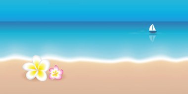 Frangipani tropikal çiçek ve sakin bir deniz üzerinde yalnız yelkende