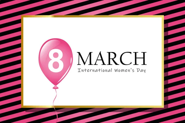 8th march international womans day striped greeting card with pink balloon — Stock Vector