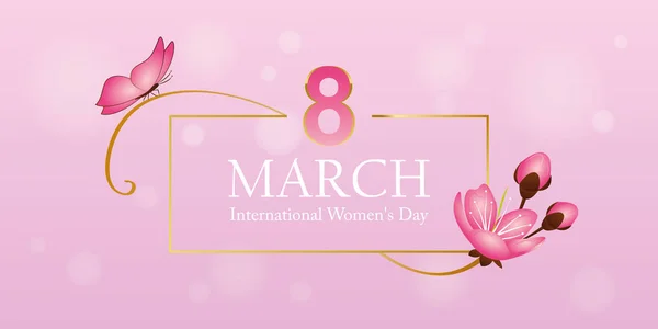 Womans dnia 8 marca elegancki z życzeniami z motyl i cherry blossom — Wektor stockowy