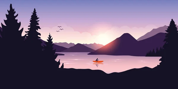 Solitário canoagem aventura com barco laranja ao nascer do sol no lago — Vetor de Stock