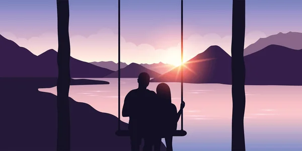 在秋千上的情侣欣赏河上的山景 — 图库矢量图片