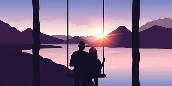 Pareja en un columpio disfruta de la vista a la montaña en el río — Vector de stock