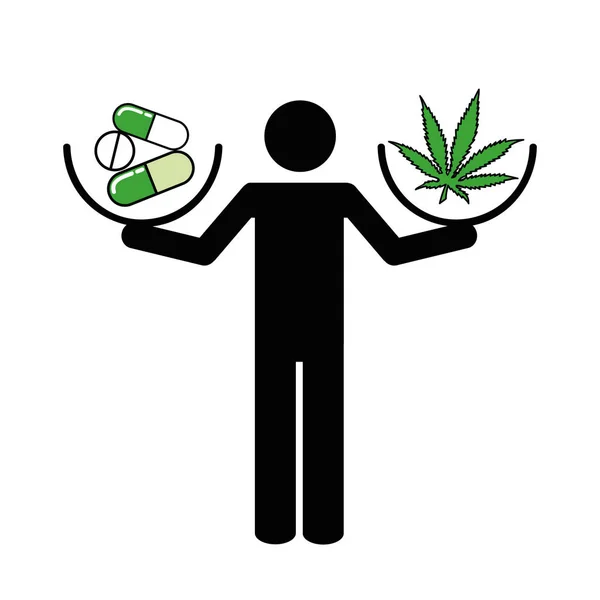 Homem detém comprimidos em uma mão e cannabis na outra mão pictograma — Vetor de Stock