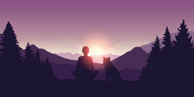adam ve köpeği güzel mor dağ doğa manzara doğarken keyfini çıkarın