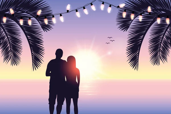 Couple amoureux silhouette romantique jour sur la plage paradisiaque — Image vectorielle