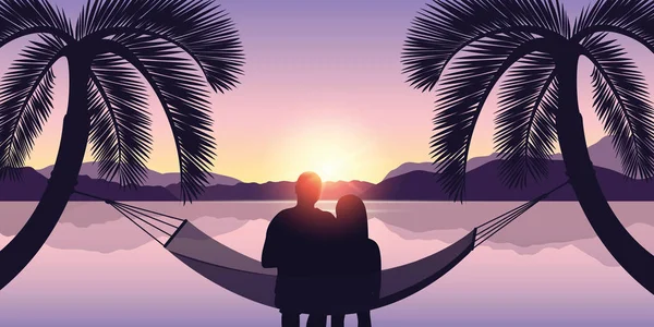 Casal em uma rede goza do pôr do sol na praia — Vetor de Stock