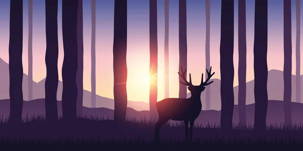 Lonely wildlife reindeer in the forest purple nature landscape — Stock Vector