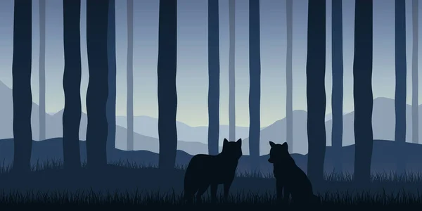 Δύο λύκοι στο δάσος μπλε τοπίο άγριας ζωής — Διανυσματικό Αρχείο