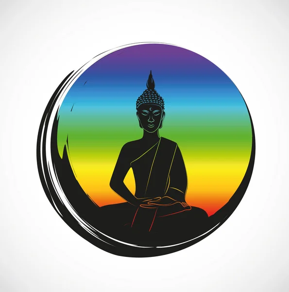 Zen círculo colorido con silueta de buda de meditación — Vector de stock