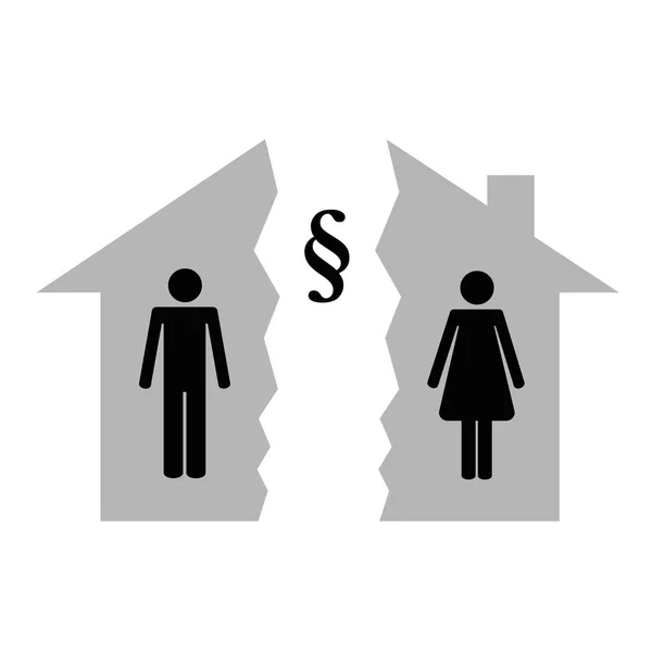 División de la propiedad en el divorcio hombre y mujer en cada mitad de un pictograma de la casa — Vector de stock
