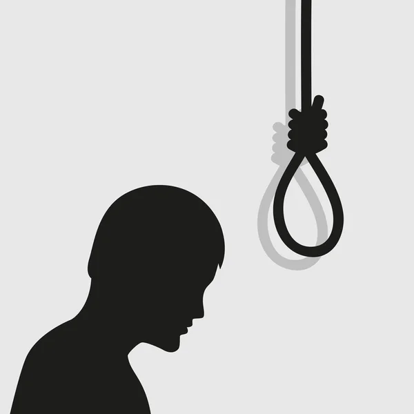 Hombre depresivo pensar en el suicidio en la silueta de la cuerda — Vector de stock