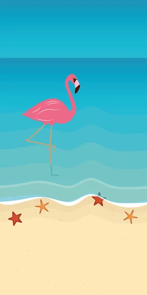 Rosafarbener Flamingo am Strand im türkisfarbenen Wasser — Stockvektor