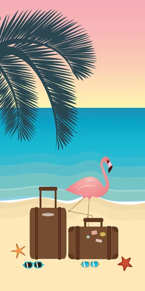 Рожеве фламінго і подорожня валіза на пляжі літній відпочинок — стоковий вектор