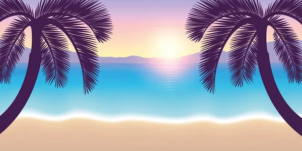Παραλία Παράδεισος το καλοκαίρι διακοπές με τις παλάμες στο ηλιοβασίλεμα — Διανυσματικό Αρχείο