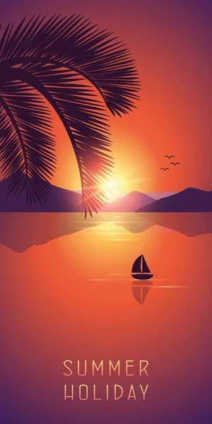 Vacaciones de verano en el mar con hojas de palmera al atardecer púrpura — Vector de stock