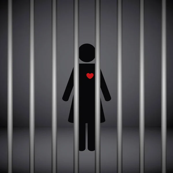 Woman with red heart in jail on dark background — Stock Vector