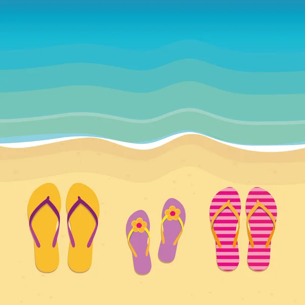 Three pairs of flip flops on the beach — Stock Vector