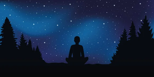 Vergadering persoon in meditatie houding ziet er in de sterrenhemel — Stockvector