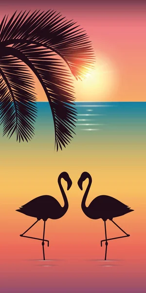 Два фламінго і пальмовий силует на барвистому пляжі на заході сонця — стоковий вектор