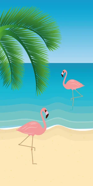 Рожеві фламінго і пальмовий лист на пляжі — стоковий вектор