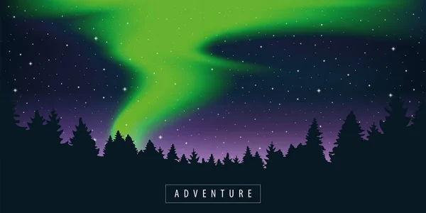 Green polar lights in starry sky in the forest — Stock Vector