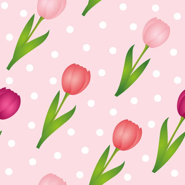 Patrón sin costuras tulipanes rosados punteado primavera diseño fondo — Vector de stock