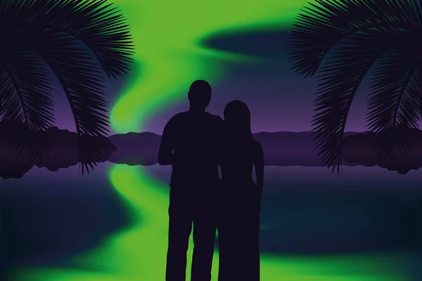 愛のカップルがビーチで極のライトの眺めを楽しむ — ストックベクタ