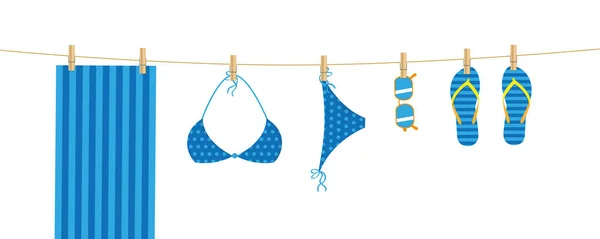 Blue beach items hang on a linen — Stock Vector