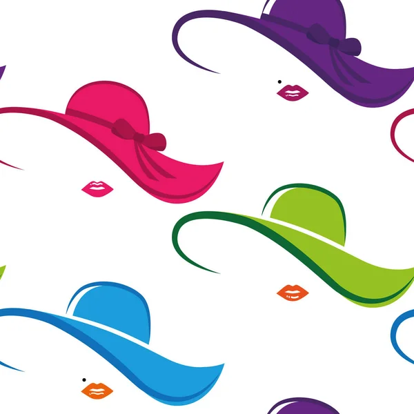 Motif sans couture dame colorée chapeau chic et lèvres — Image vectorielle