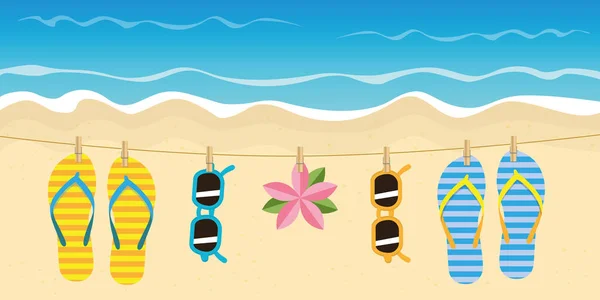 Смугасті фліп-флоп і сонцезахисні окуляри висять на мотузці на пляжі — стоковий вектор