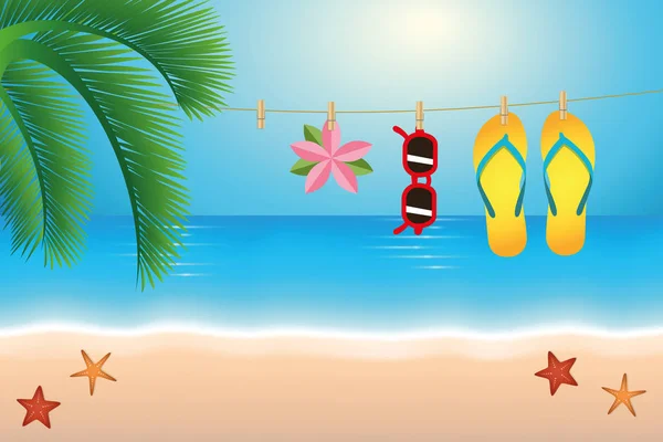 Summer holiday flip flops and sunglasses hang on a rope on the beach — Stock Vector