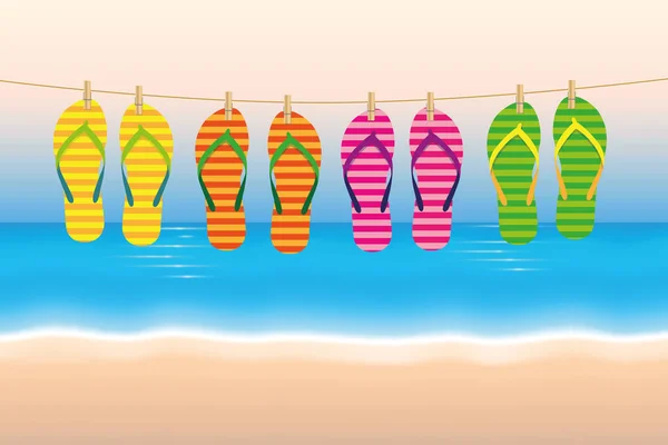Gestreifte Flip Flops hängen an der Leine am Strand — Stockvektor