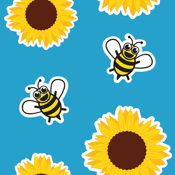 Motif sans couture abeille miel et tournesol sur fond bleu — Image vectorielle