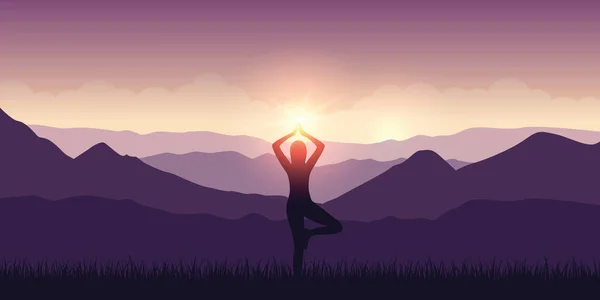 女孩做瑜伽与山景紫色风景和阳光 — 图库矢量图片