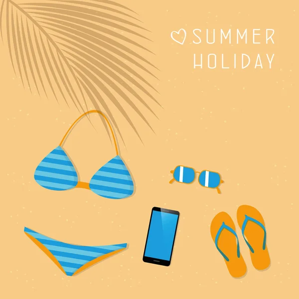 Bikini smartphone gafas de sol y chanclas dama moda de verano — Vector de stock