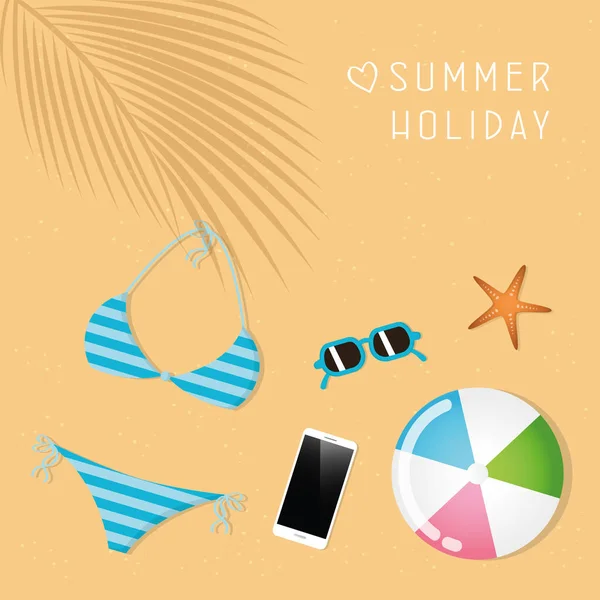 Bikini smartphone gafas de sol estrellas de mar y bola verano vacaciones diseño — Vector de stock