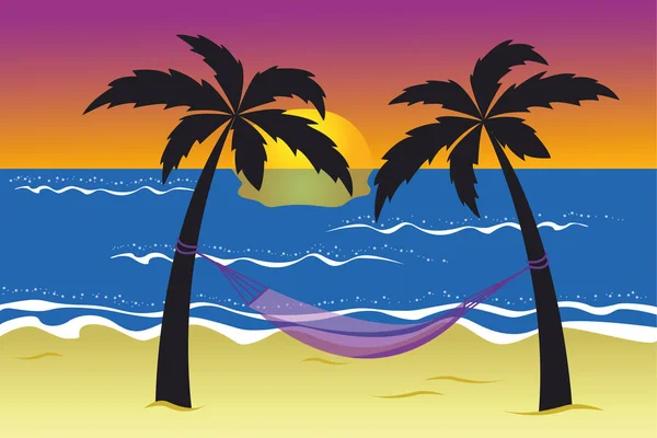 Rede entre palmeiras na praia ao pôr do sol — Vetor de Stock