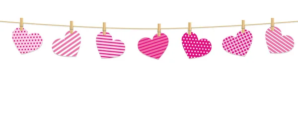 Patterned hearts hang on a rope with clothespins — Stock Vector