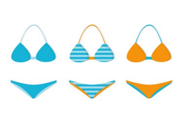 Üç bikini mavi ve turuncu farklı desenleri ile