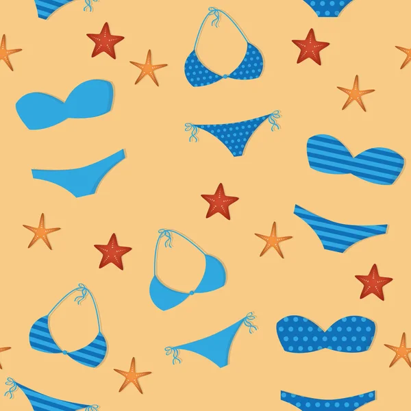 Pola mulus desain liburan musim panas dengan bikini biru dan bintang laut - Stok Vektor