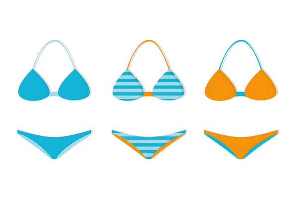 Trois bikinis bleu et orange avec des motifs différents — Image vectorielle