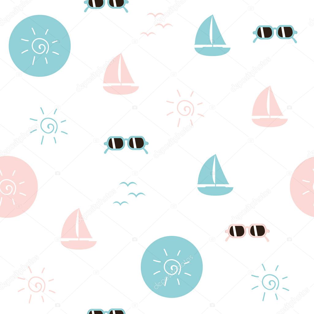seamless pattern beach life sail boat sunglasses and sun symbol