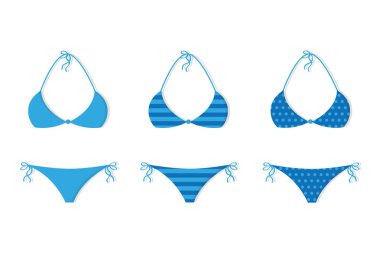 farklı desenleri ile üç mavi bikini